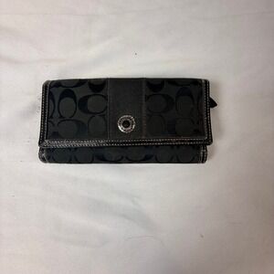 Coach Signature C Monogram Black Canvas Leather Trim Tri Fold Wallet